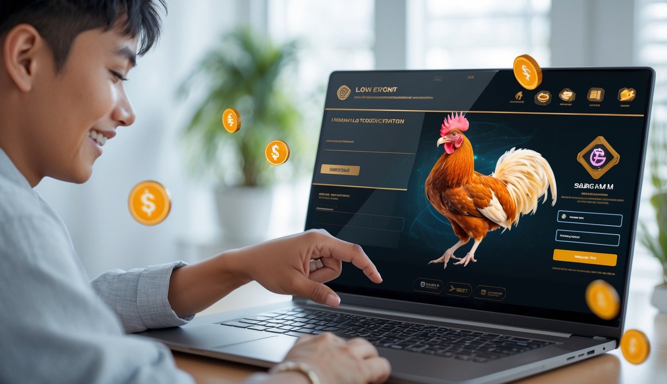 Seorang pemain muda menggunakan komputer di ruangan terang dengan tampilan situs sabung ayam online yang mudah digunakan dan menunjukkan proses pendaftaran serta login.
