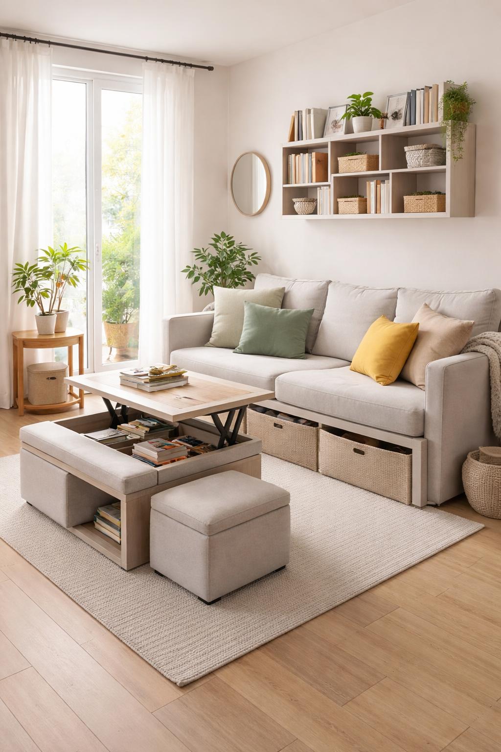 A small living room with a compact sofa, wall shelves, foldable coffee table, plants, and natural light coming through a window.