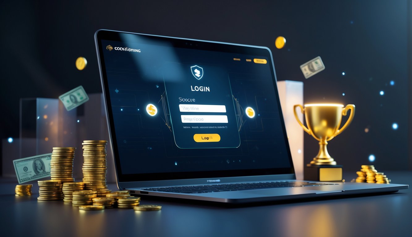 Seseorang menggunakan laptop dengan layar login online, di dekatnya terdapat simbol uang dan piala sebagai hadiah besar.