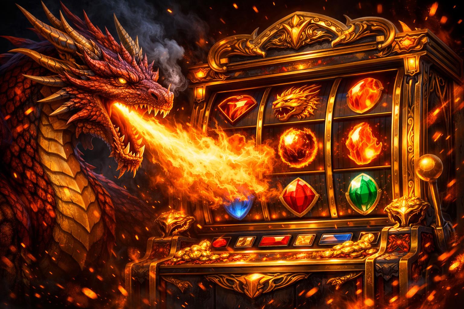 A Fierce Dragon Breathing Fire Over A Glowing Slot Machine With Dragon And FireThemed Symbols.