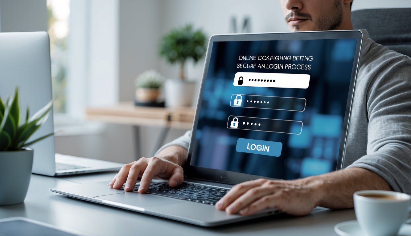 Seorang pria muda sedang mengetik di laptop di meja kerja yang rapi, fokus pada proses login yang aman.