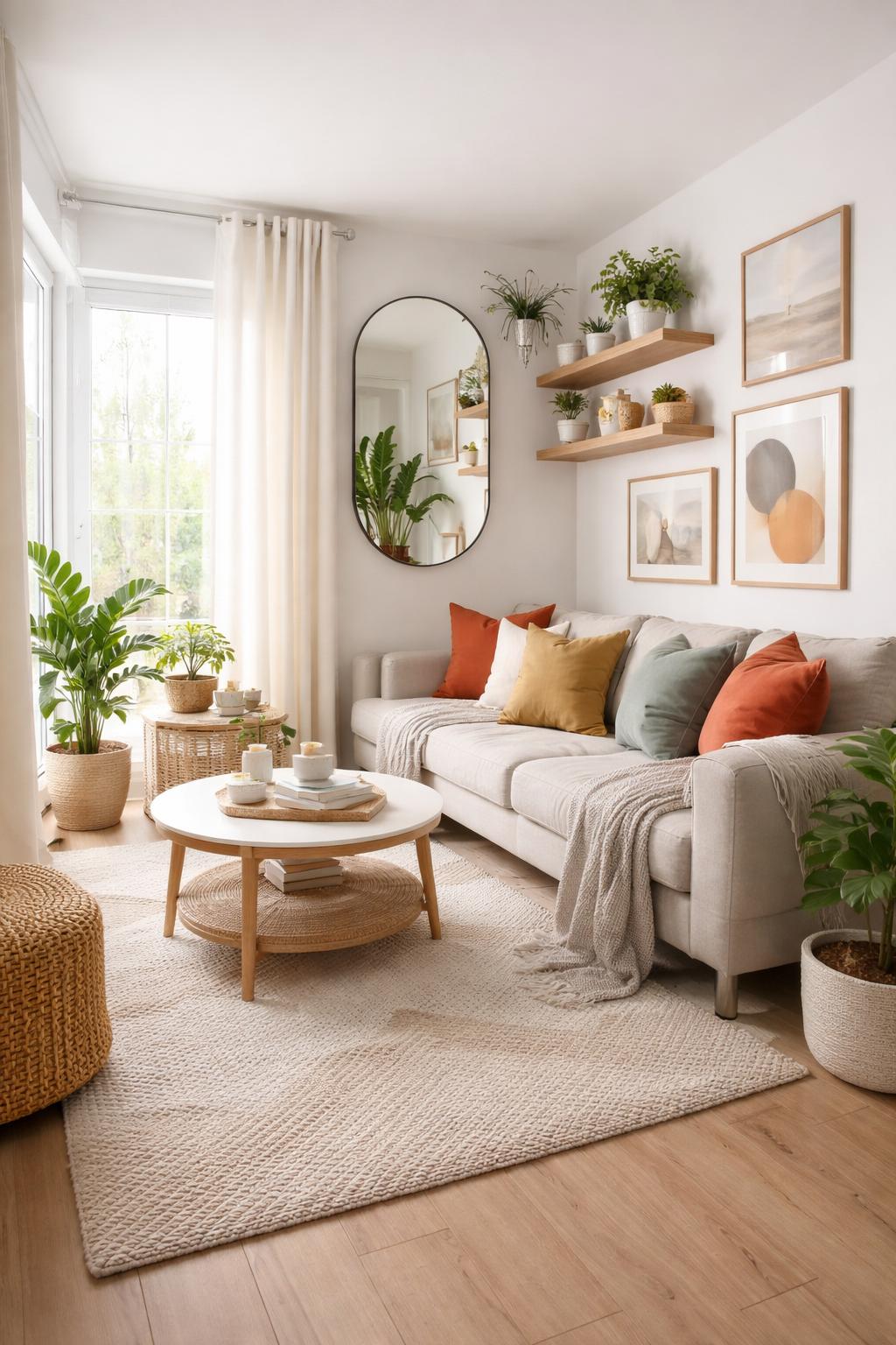 A small living room with a sofa, coffee table, plants, and shelves, brightly lit by natural light through large windows.