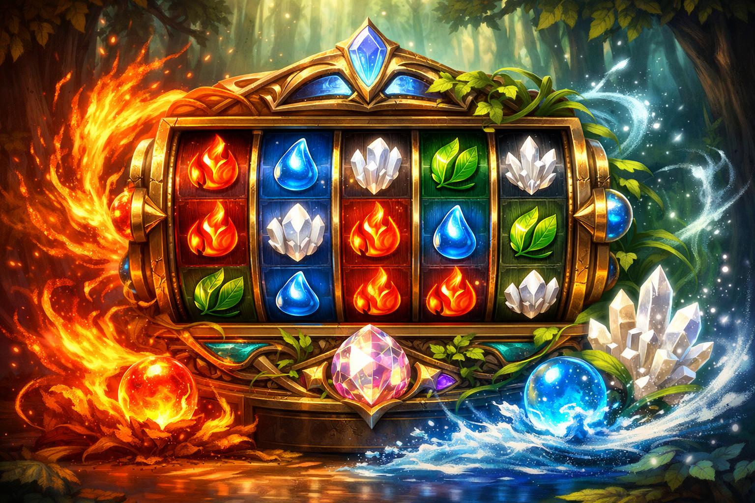 A Colorful Slot Machine Surrounded By Glowing Elemental Gems And Magical Effects In A Mystical Forest Setting.