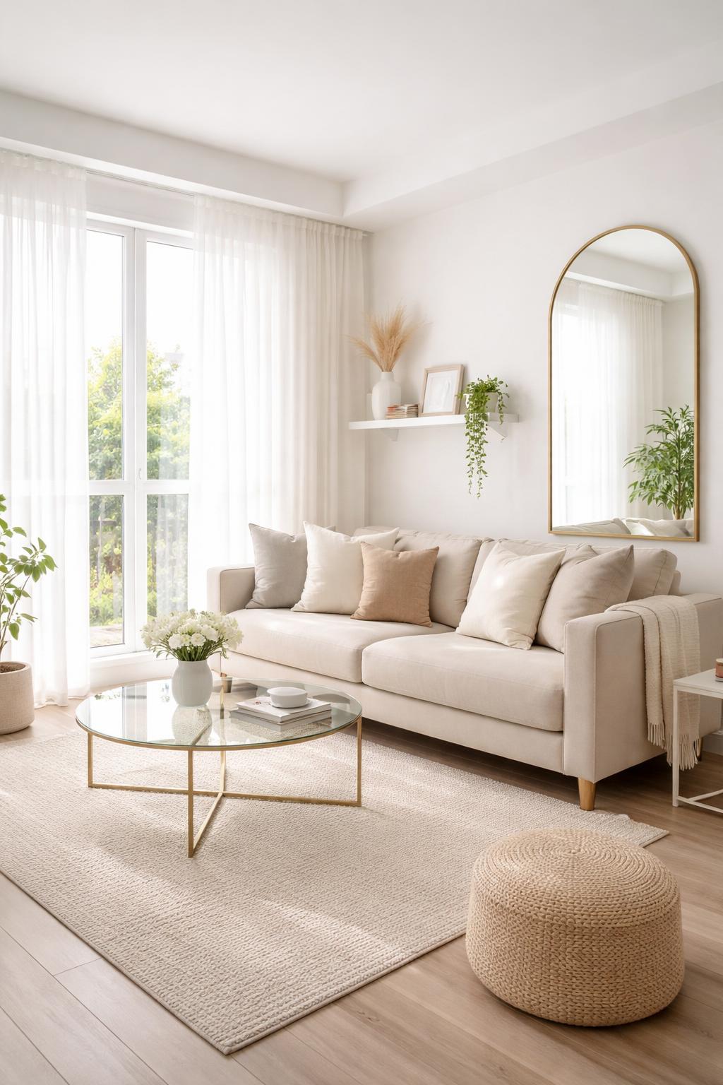 A small living room filled with natural light, featuring a large mirror, light-colored walls, a compact sofa, glass coffee table, and indoor plants.