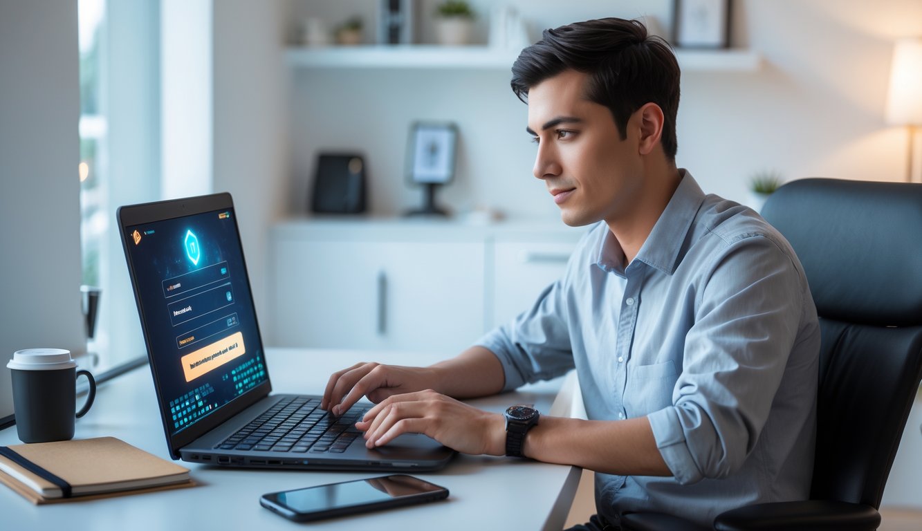 Seorang pria muda menggunakan laptop di meja kerja di rumah, terlihat fokus dan santai.