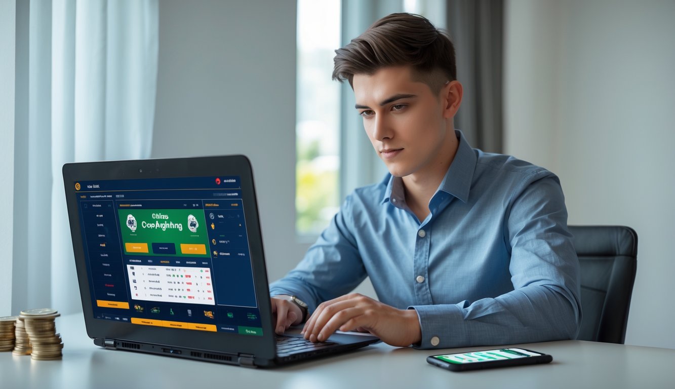 Seorang pria muda duduk di meja dengan laptop dan ponsel, fokus menggunakan platform taruhan sabung ayam online.