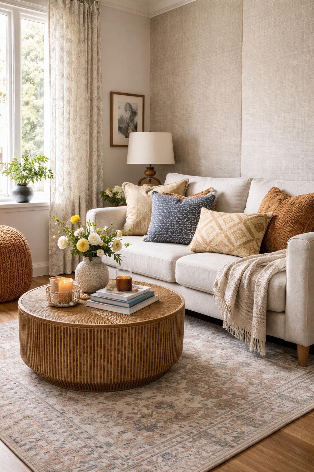 A small living room with a sofa, patterned pillows, a textured rug, a coffee table with decorative items, and natural light coming through a window.