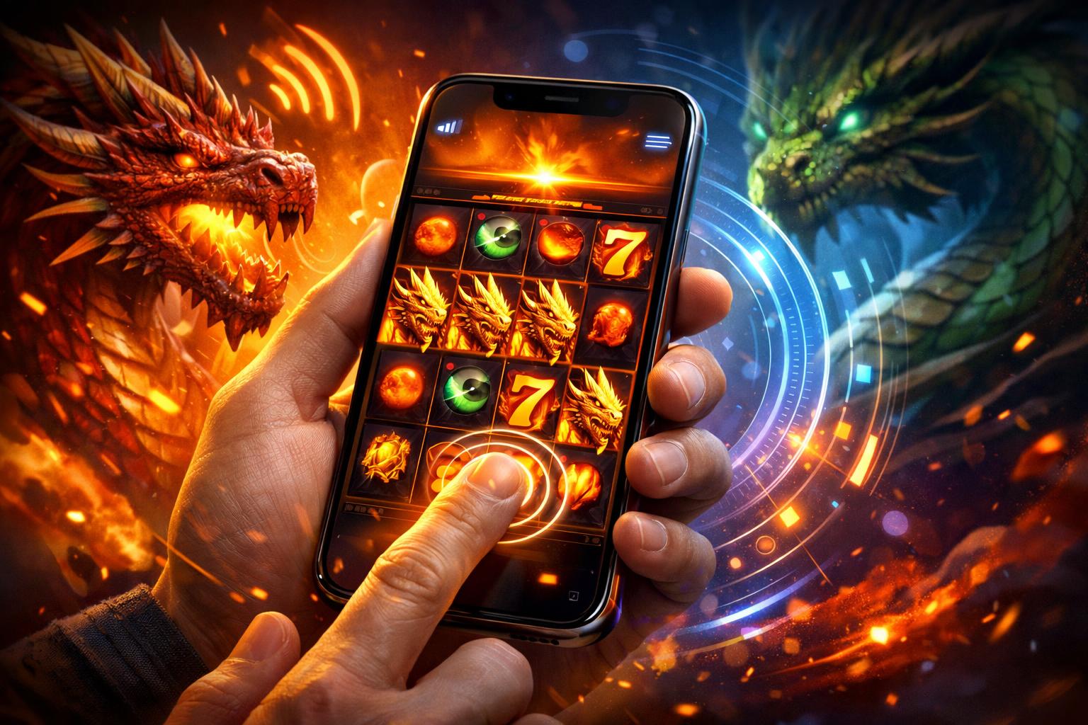 A Hand Holding A Smartphone Displaying Fiery DragonThemed Slot Reels With Glowing Symbols, Surrounded By Graphical Elements Representing Mobile Gaming.