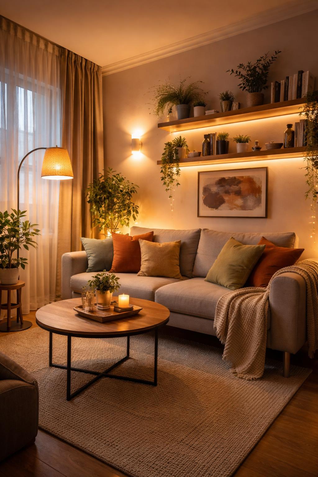 A small living room with a sofa, warm lighting from lamps and wall fixtures, plants, and decorative shelves creating a cozy and inviting atmosphere.