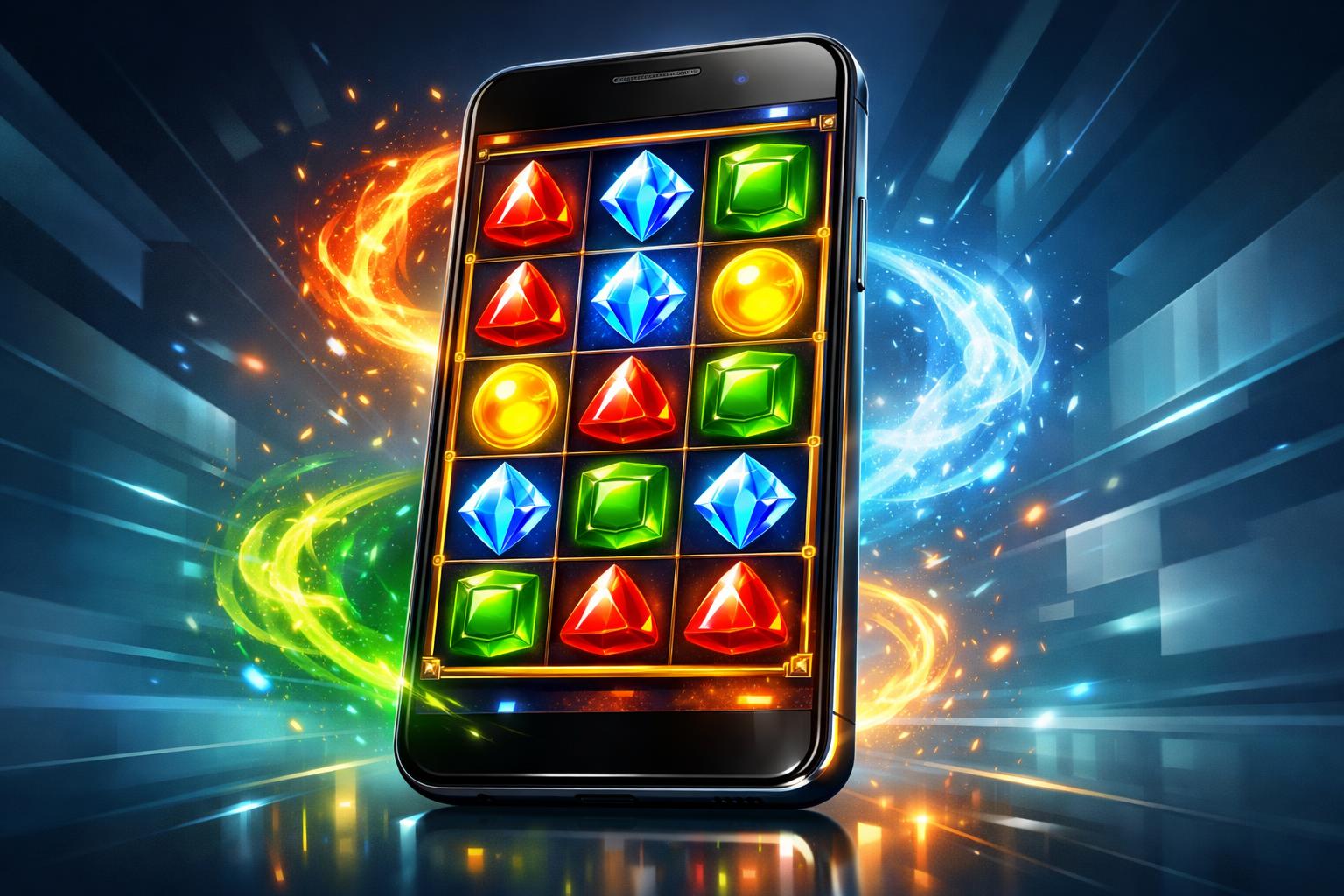 A Mobile Phone Displaying A Colorful Slot Game With Glowing Elemental Gems In Red, Blue, Green, And Yellow On The Screen, Surrounded By Glowing Digital Effects.