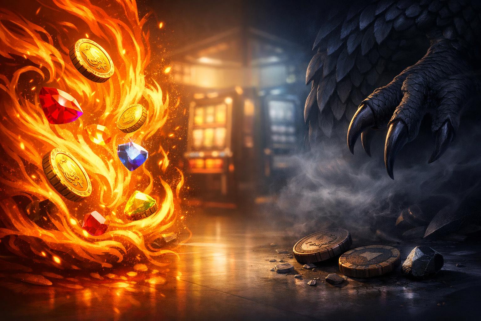 A Balanced Scene Showing Fiery Dragon Flames With Coins On One Side And Shadowy Dragon Scales With Dim Tokens On The Other, Set In A Casino Environment.