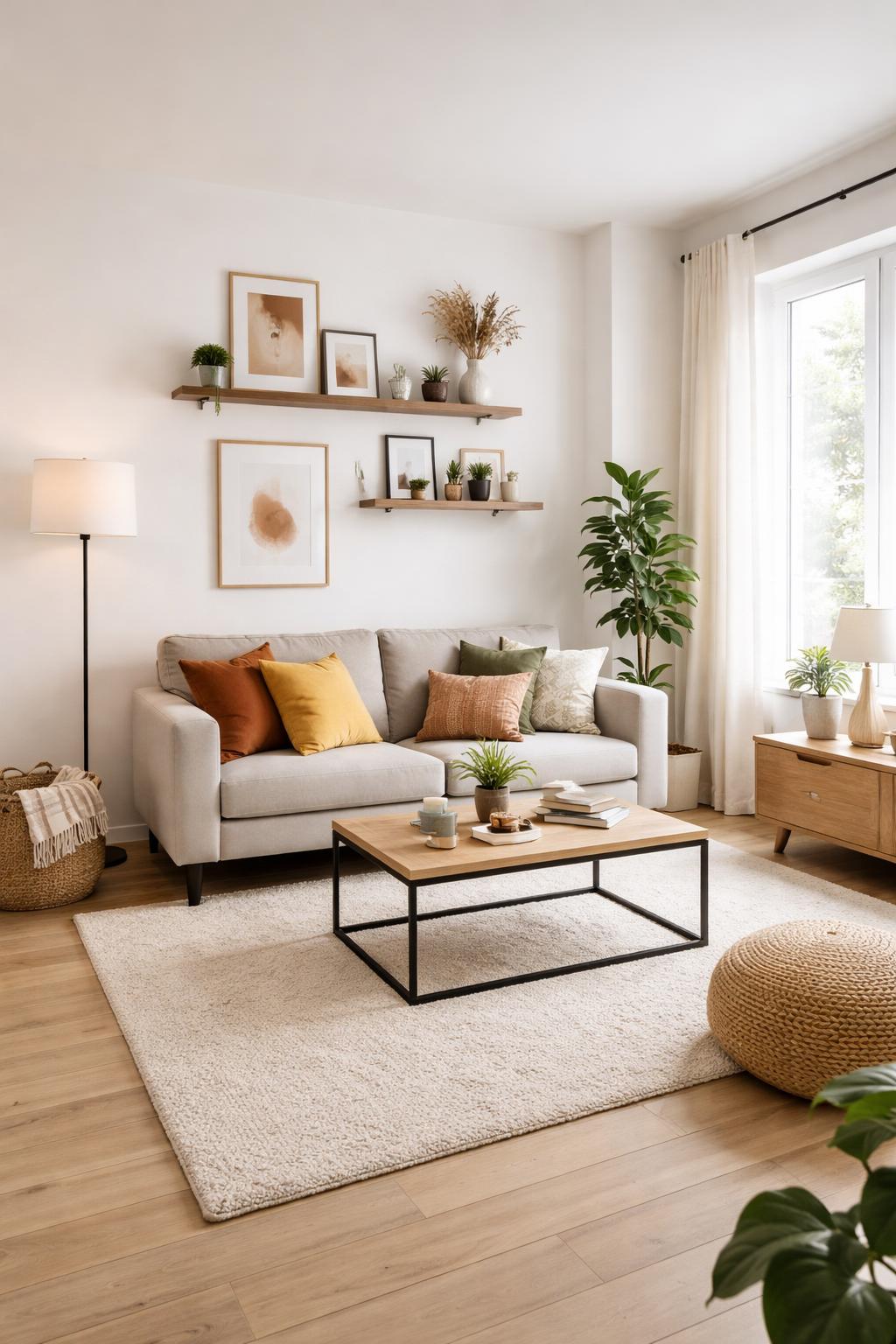 A small living room with a sofa, coffee table, plants, and wall decorations, brightly lit by natural light.