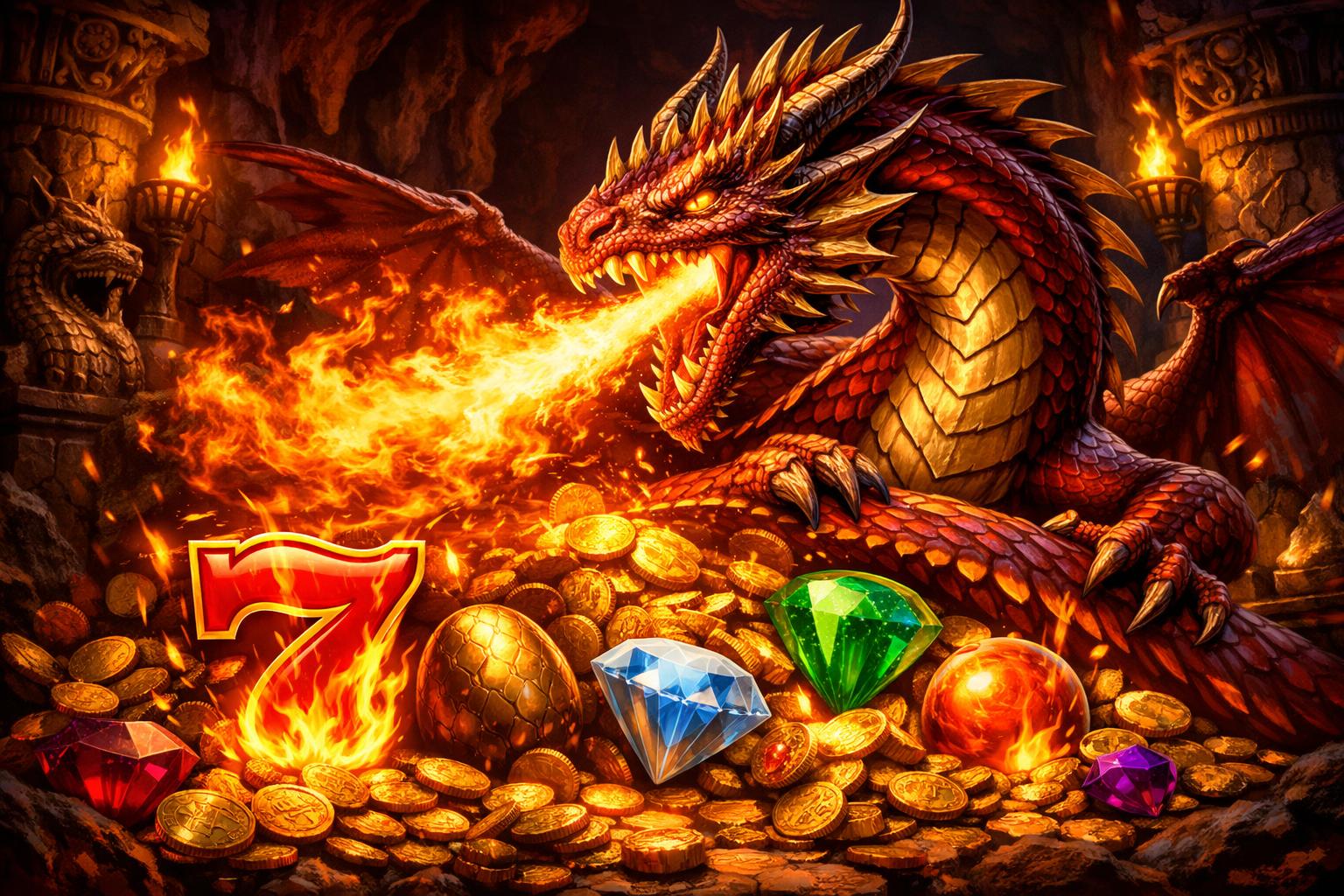 A Fierce Dragon Breathing Fire Over Glowing Slot Game Symbols Inside An Ancient Temple Setting.