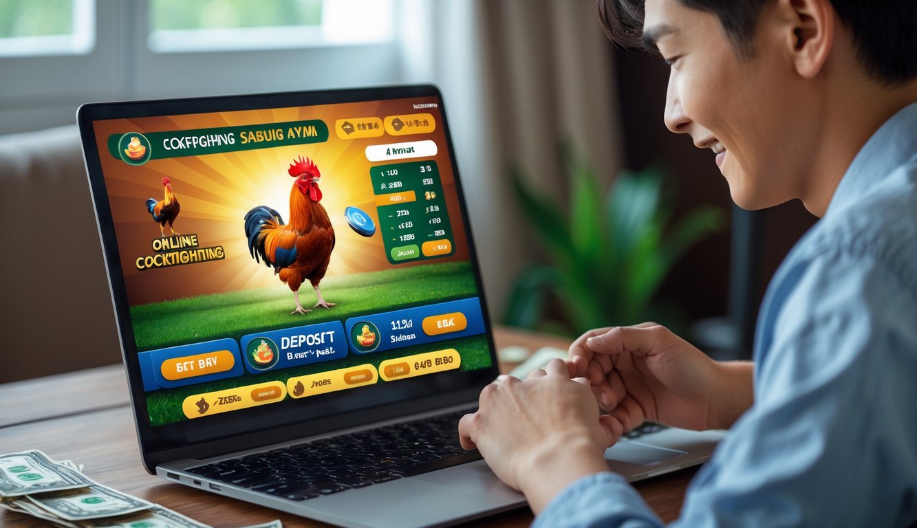Seseorang menggunakan laptop atau ponsel untuk memasang taruhan sabung ayam online dalam ruangan yang nyaman.