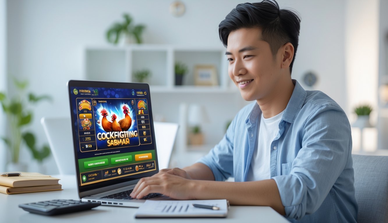 Seorang pria muda duduk di meja dengan laptop yang menampilkan permainan sabung ayam online, suasana ruangan terang dan rapi dengan alat bantu perencanaan keuangan di meja.