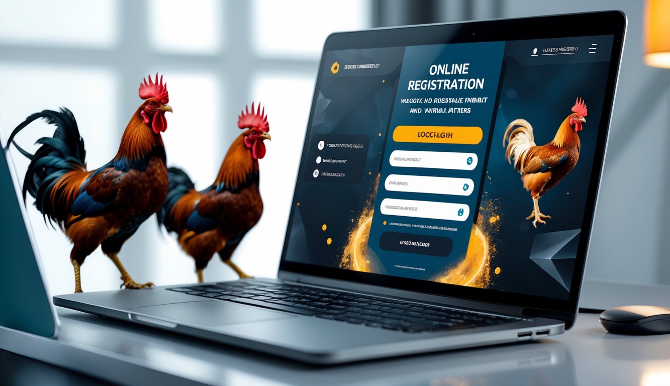 Seseorang menggunakan laptop atau ponsel untuk mendaftar dan masuk ke platform sabung ayam online dengan latar belakang gambar dua ayam jago yang sedang bertarung.
