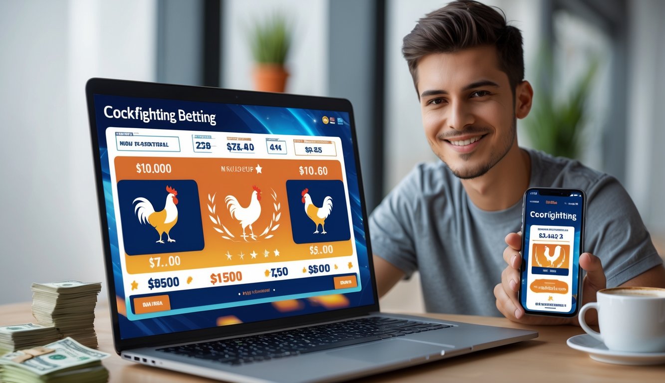 Seorang pria muda menggunakan laptop dan ponsel untuk memasang taruhan sabung ayam online di meja kerja yang rapi.