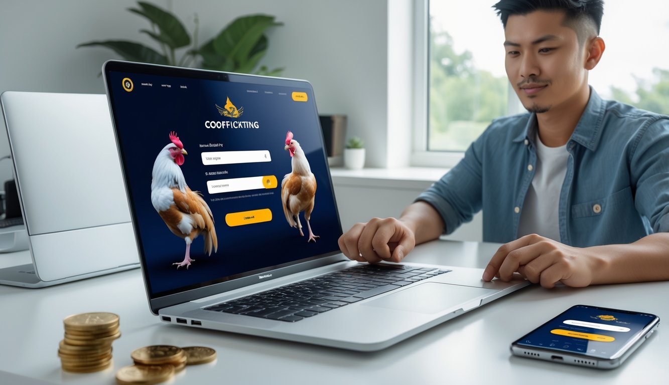 Seorang pria muda sedang menggunakan laptop untuk login ke platform sabung ayam online di sebuah meja kerja yang rapi di rumah.