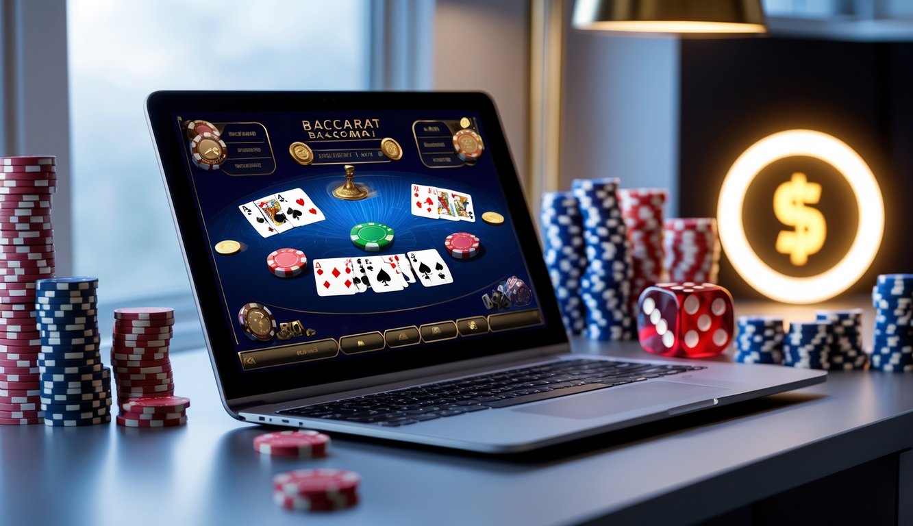 Seorang pemain menggunakan laptop untuk bermain baccarat online dengan chip dan kartu di meja, suasana ruangan terang dan rapi.