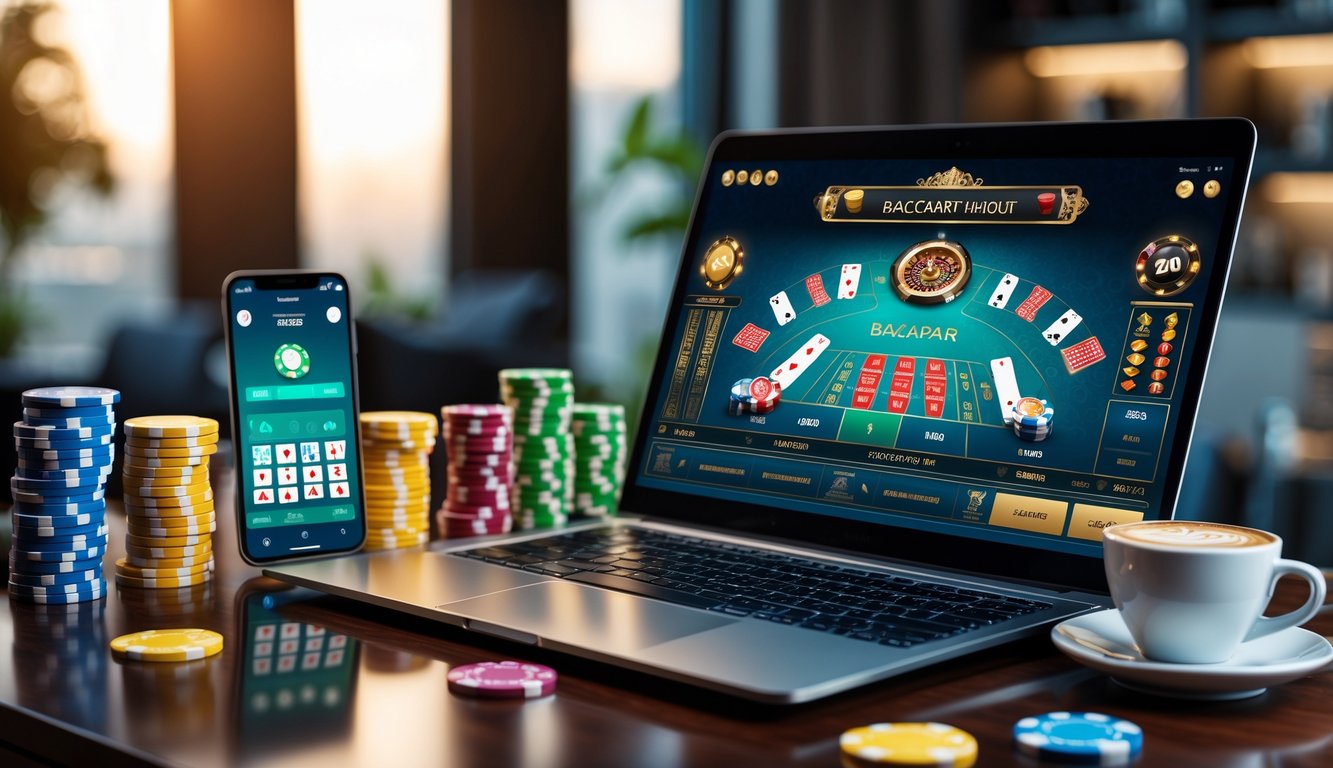 Seorang pemain sedang menggunakan laptop untuk bermain baccarat online dengan tumpukan chip kasino dan ponsel di meja.