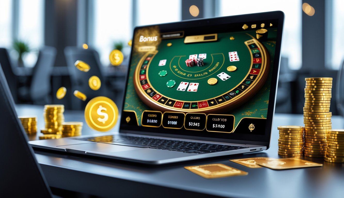 Seorang pemain menggunakan laptop dengan tampilan permainan baccarat online, dikelilingi oleh tumpukan chip dan simbol hadiah besar.