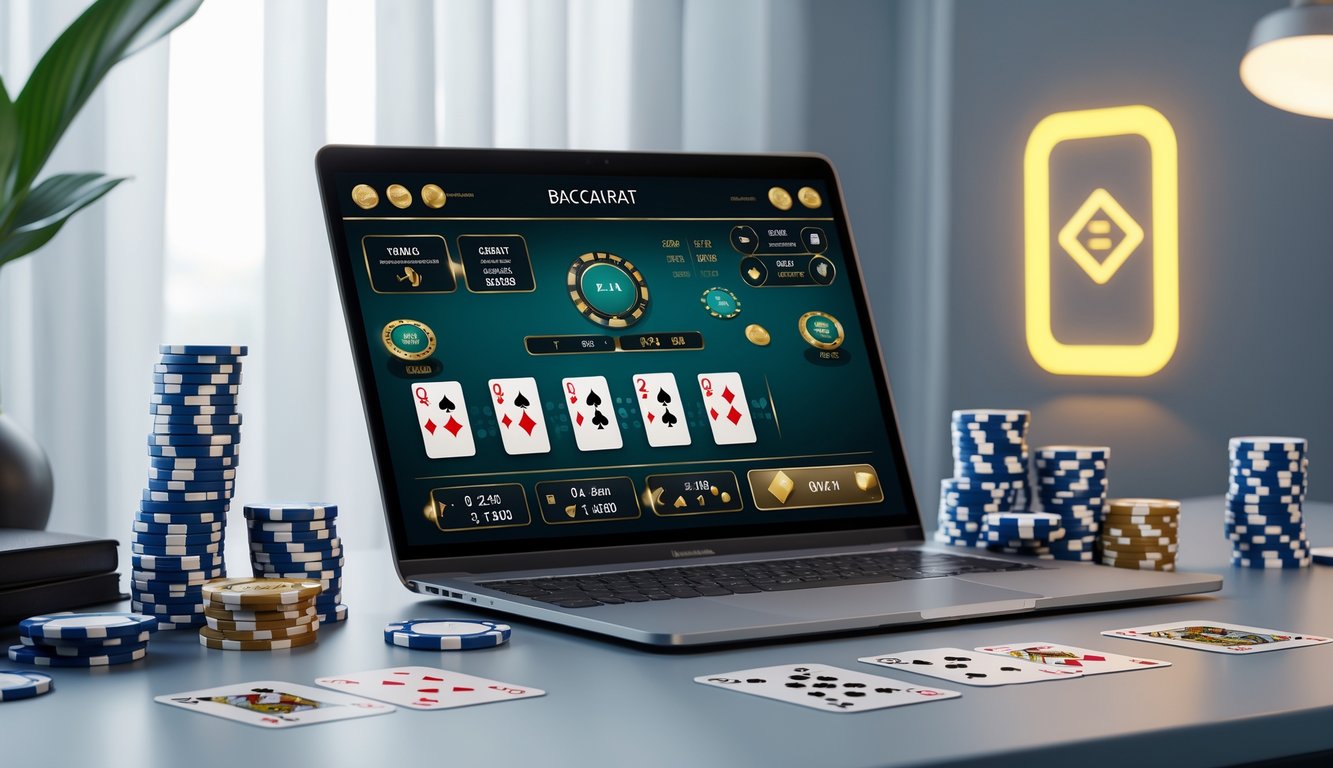 Seorang pemain menggunakan komputer dengan tampilan permainan baccarat online dan chip poker di meja.