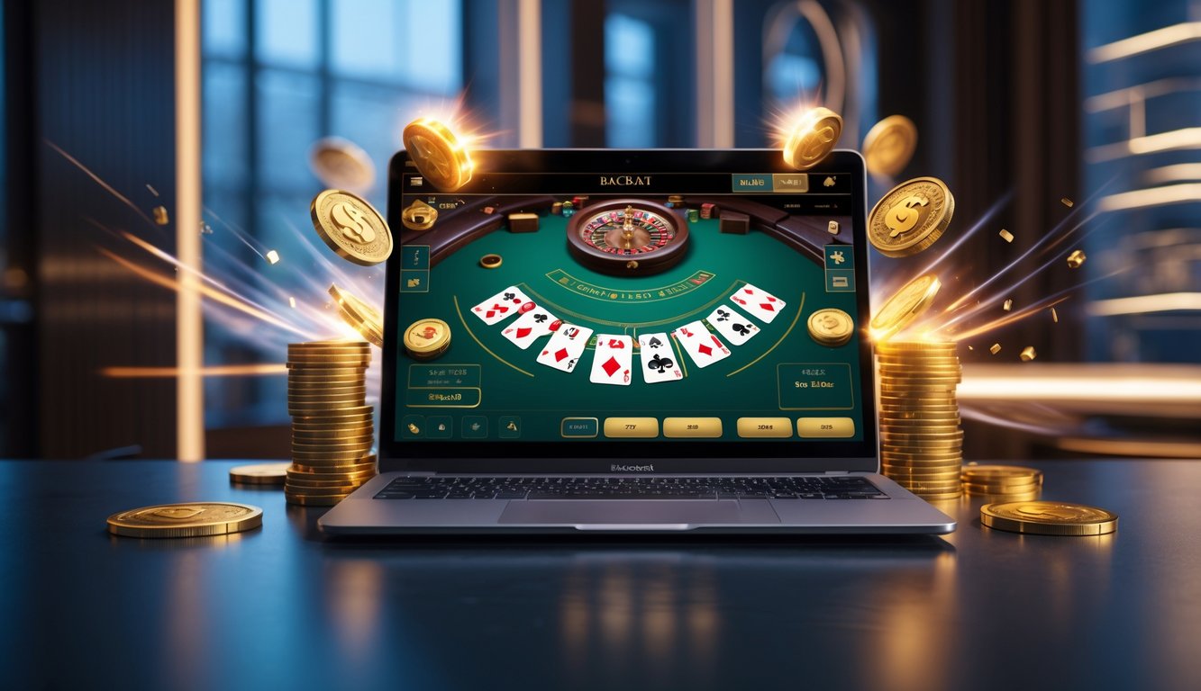 Seorang pemain sedang bermain baccarat online dengan layar komputer yang menampilkan kartu dan chip, dikelilingi oleh koin emas dan ikon bonus yang bersinar.