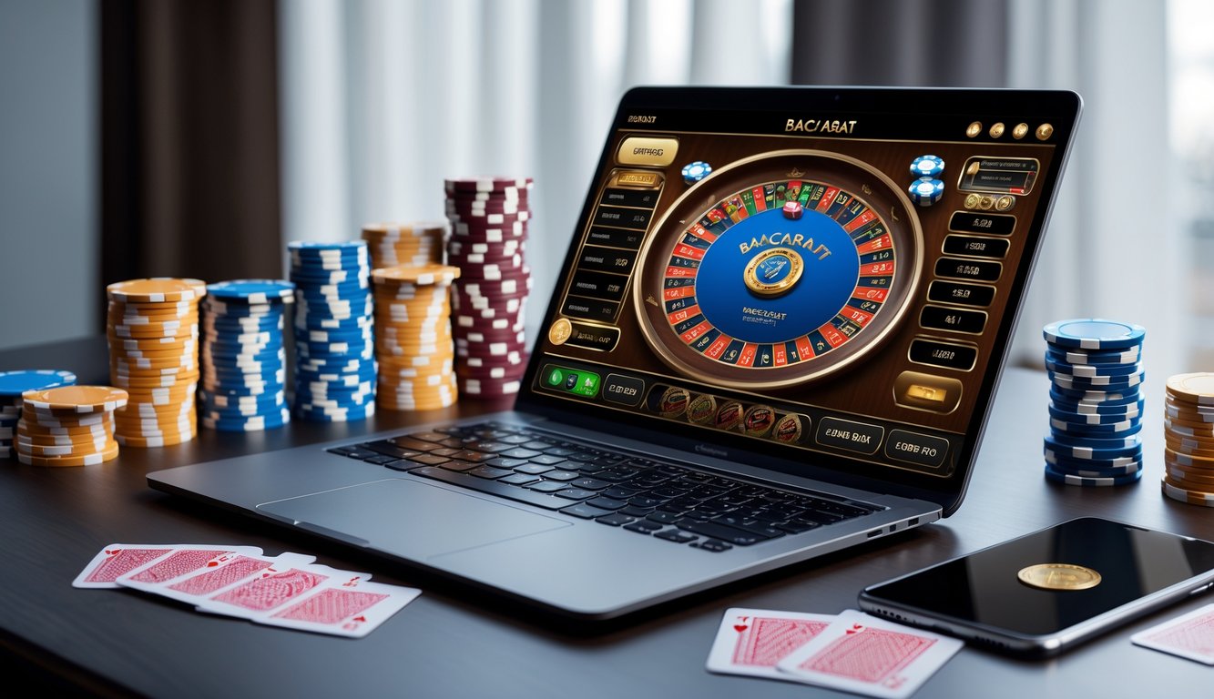 Sebuah laptop menampilkan permainan baccarat online dengan kartu dan chip kasino di sekitarnya serta ponsel yang menunjukkan notifikasi bonus deposit.