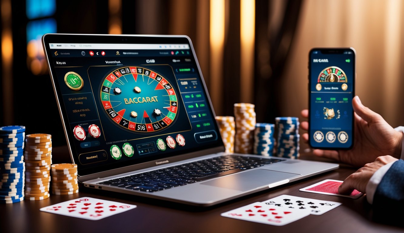 Seorang pemain menggunakan laptop dan smartphone untuk bermain baccarat online dengan kartu dan chip kasino di atas meja.