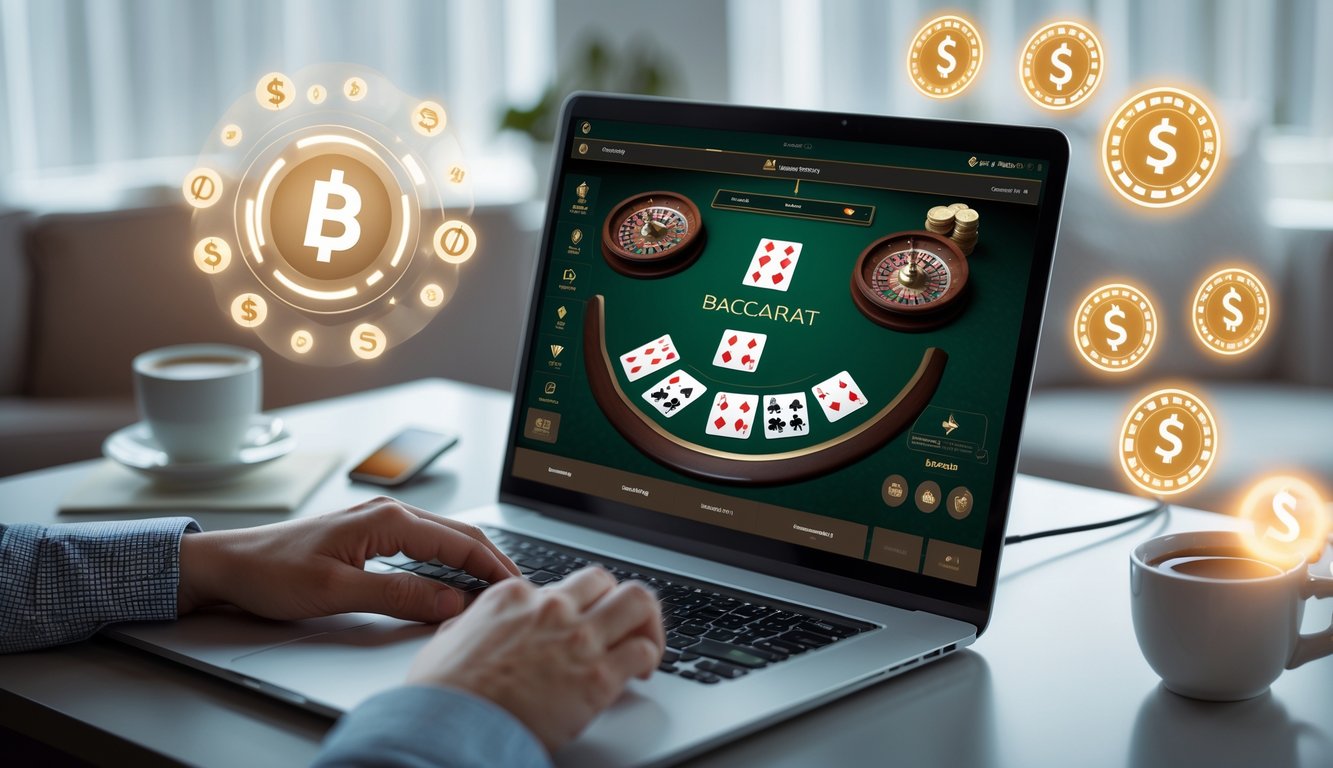 Seseorang bermain baccarat online di laptop dengan chip dan kartu di layar, dikelilingi oleh simbol uang digital dan kartu kredit di meja.
