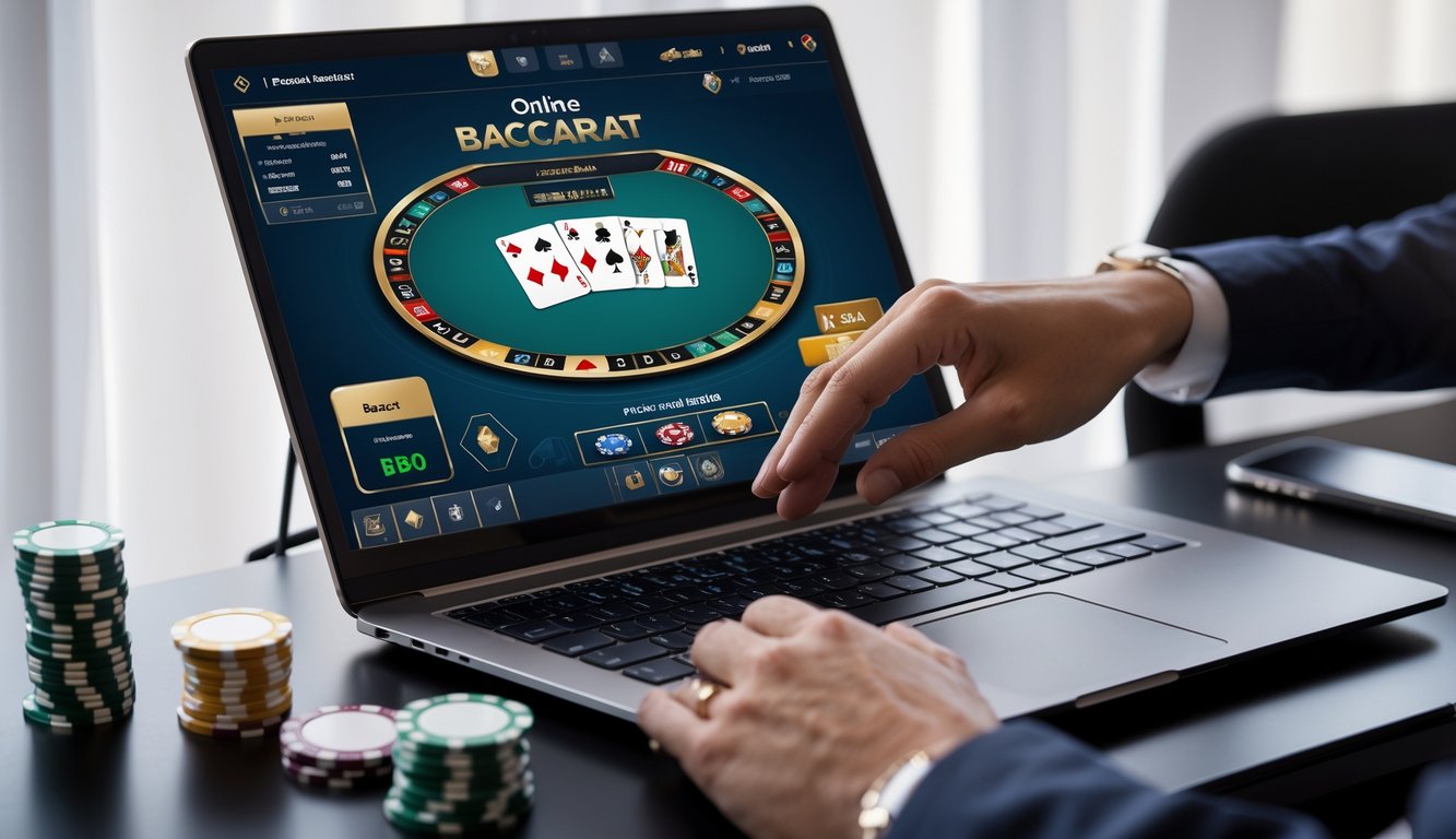 Seseorang bermain baccarat online di laptop dengan chip kasino dan ponsel yang menampilkan notifikasi bonus deposit di meja.