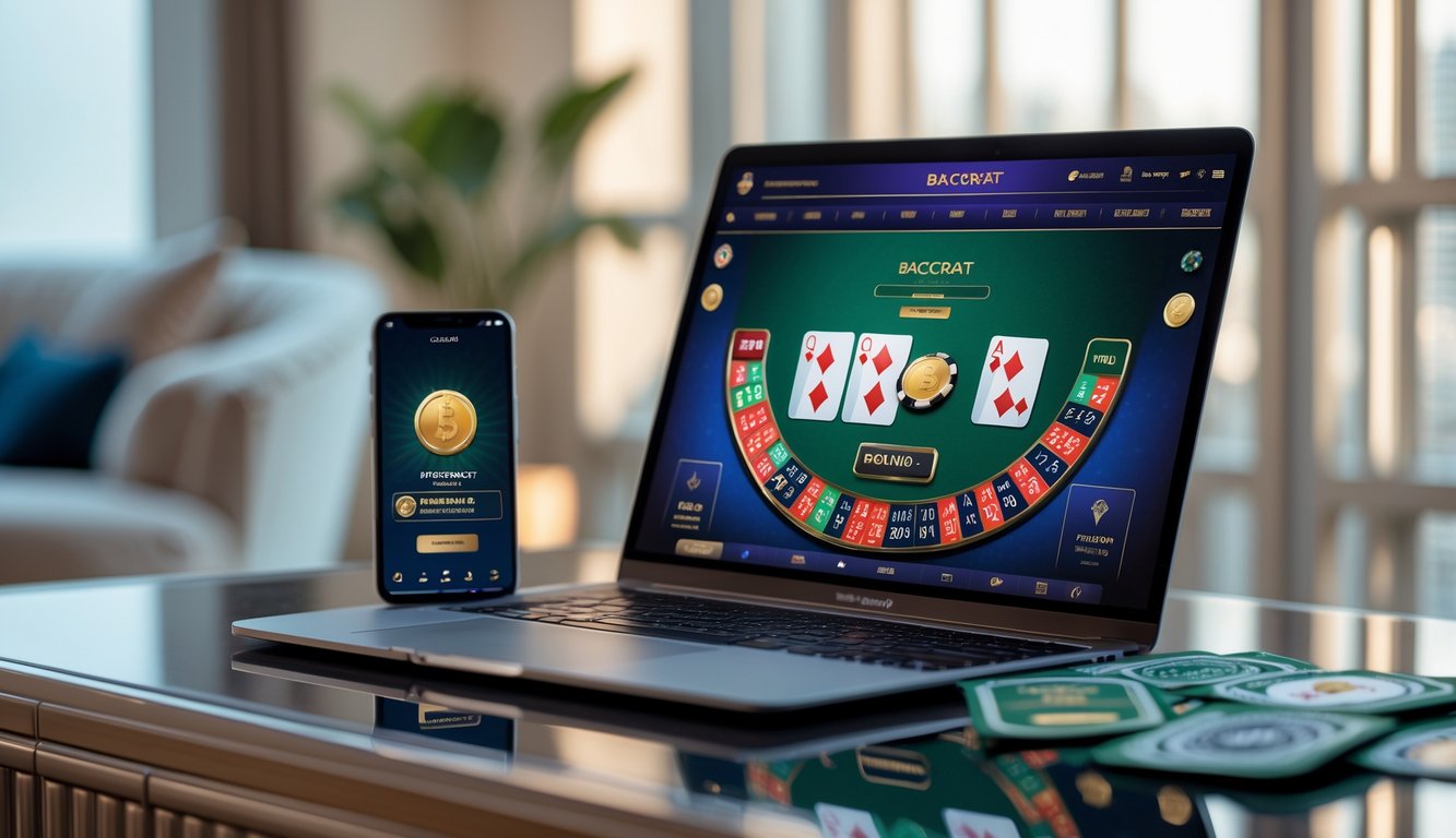 Seorang pemain menggunakan komputer dan ponsel untuk bermain baccarat online dengan tampilan kartu dan chip di layar.