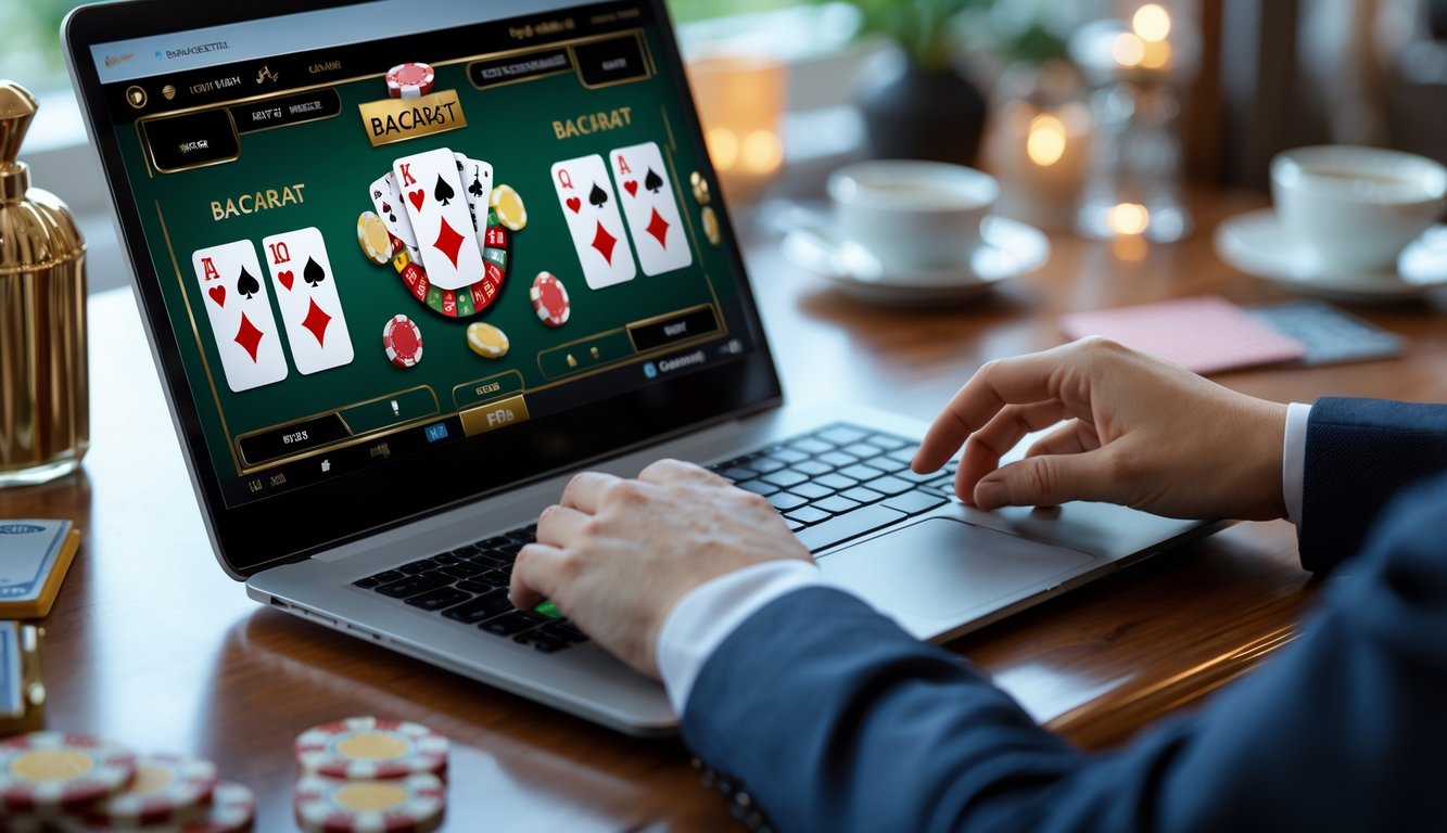 Seseorang bermain permainan Baccarat online di depan komputer di ruangan yang rapi dan terang.