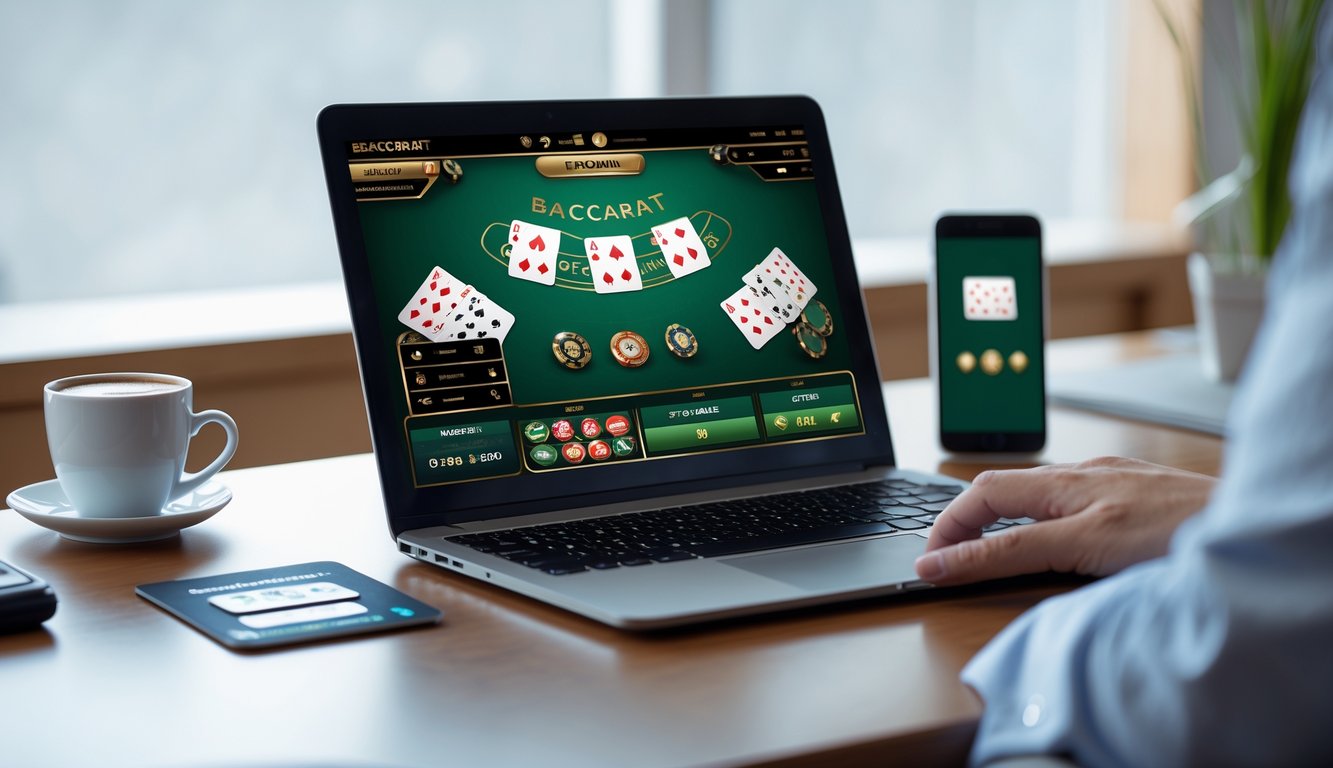 Seorang pria menggunakan laptop dengan tampilan permainan baccarat online, dikelilingi oleh ponsel dan kartu kredit di meja kerja.