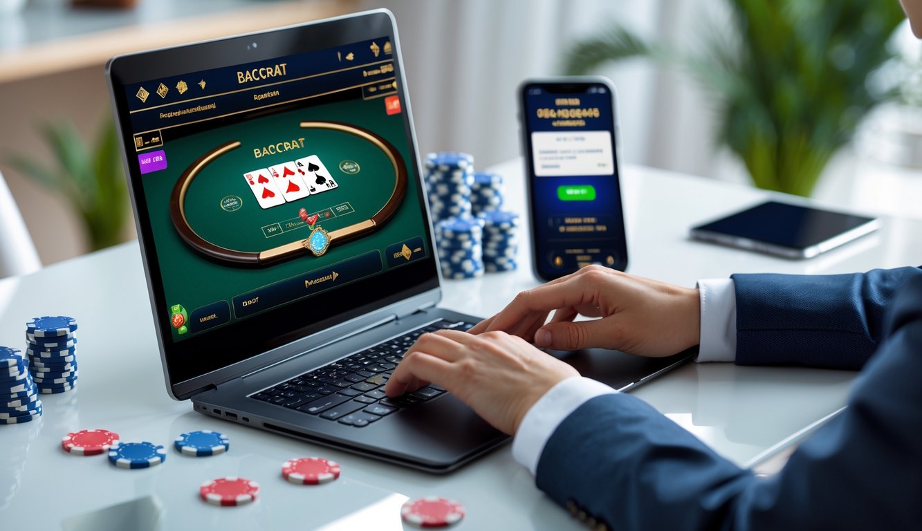 Seseorang bermain baccarat online di laptop dengan tumpukan chip kasino dan ponsel di meja.
