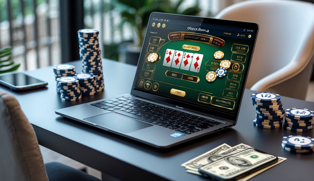 Seorang pemain menggunakan laptop untuk bermain baccarat online dengan chip dan uang di meja sekitar.