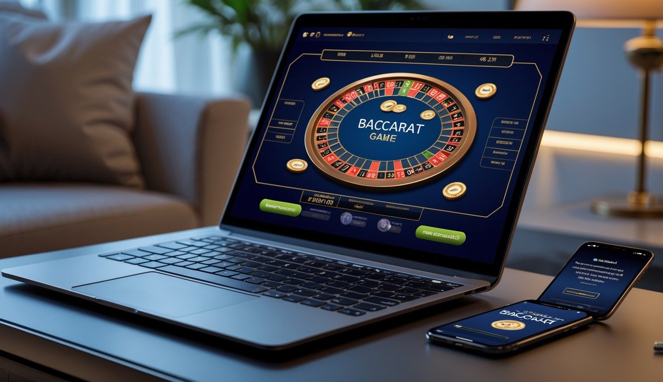Seorang pemain menggunakan laptop dan ponsel untuk bermain baccarat online dengan suasana nyaman dan fokus.