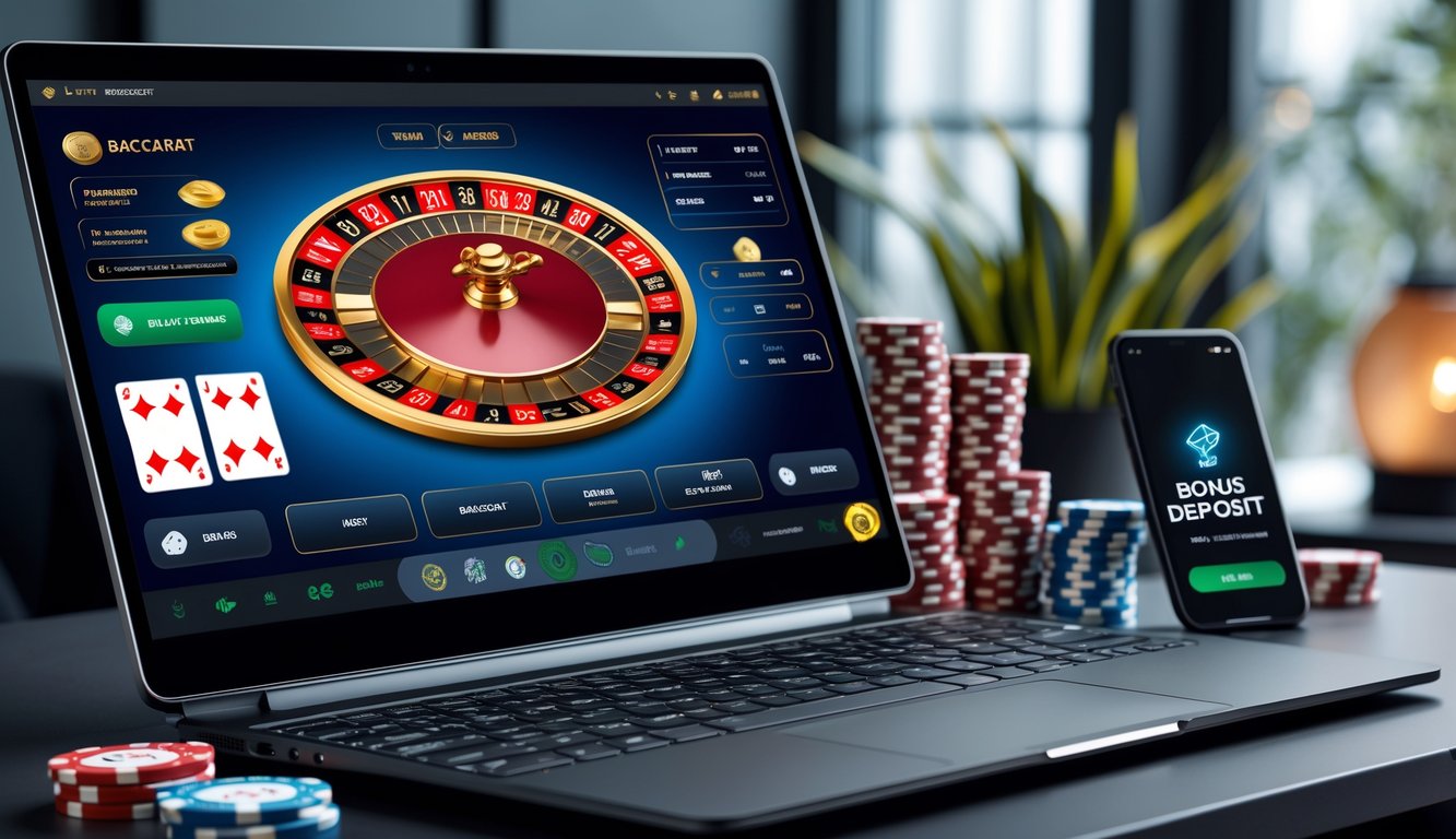 Sebuah meja dengan komputer menampilkan permainan baccarat online, tumpukan chip kasino, dan ponsel dengan notifikasi bonus deposit.
