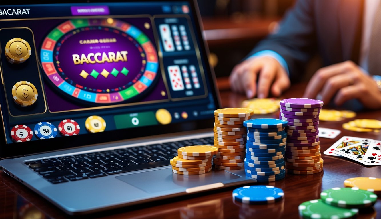 Seorang pemain menggunakan laptop dengan tampilan permainan baccarat online, dikelilingi oleh chip kasino dan kartu remi di atas meja kayu.