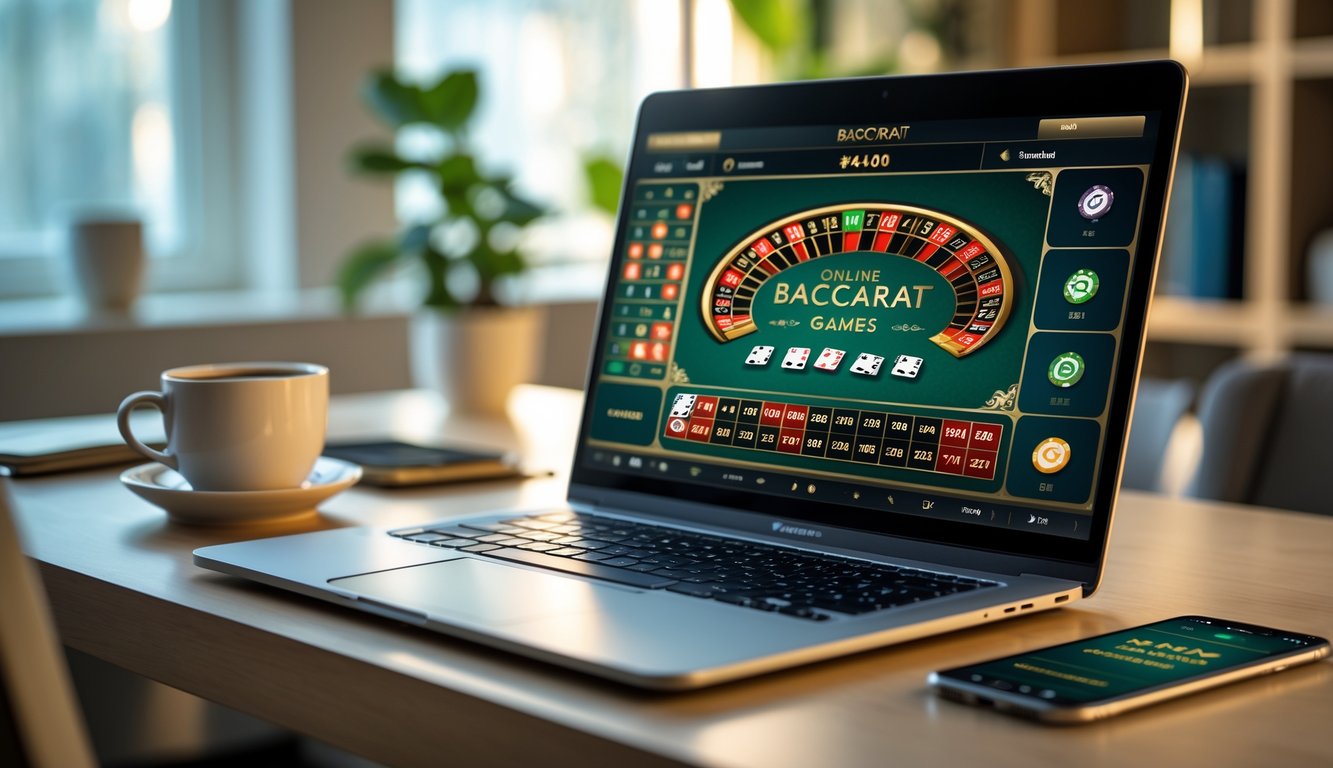 Seorang pemain sedang menggunakan laptop untuk bermain baccarat online di meja kerja dengan kopi dan ponsel di sampingnya.