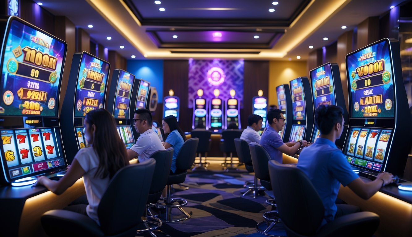 Beberapa orang sedang bermain mesin slot digital di sebuah ruang permainan modern dengan pencahayaan hangat dan elemen budaya Indonesia.