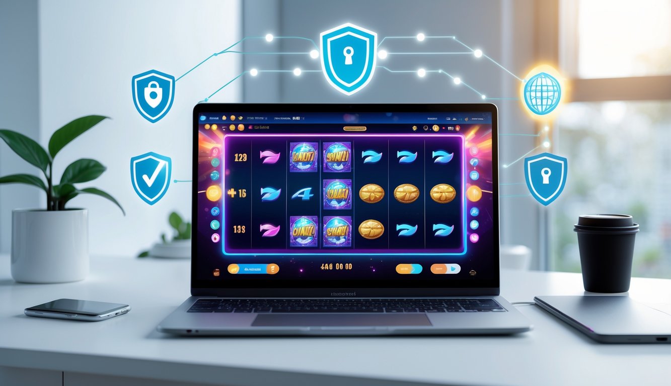 Seorang pengguna duduk di depan laptop yang menampilkan permainan slot online dengan latar belakang elemen keamanan digital di ruang kerja yang terang dan rapi.