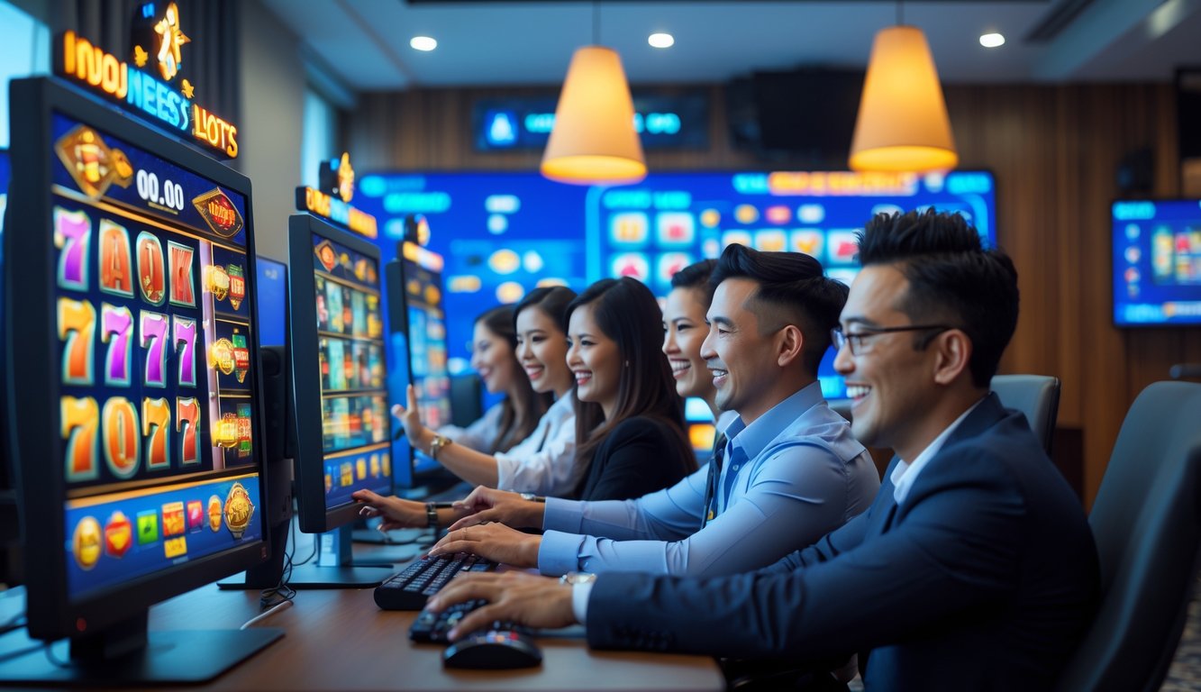 Orang-orang sedang bermain permainan slot online di ruang kerja modern dengan beberapa monitor komputer yang menampilkan grafik permainan slot yang berwarna-warni.