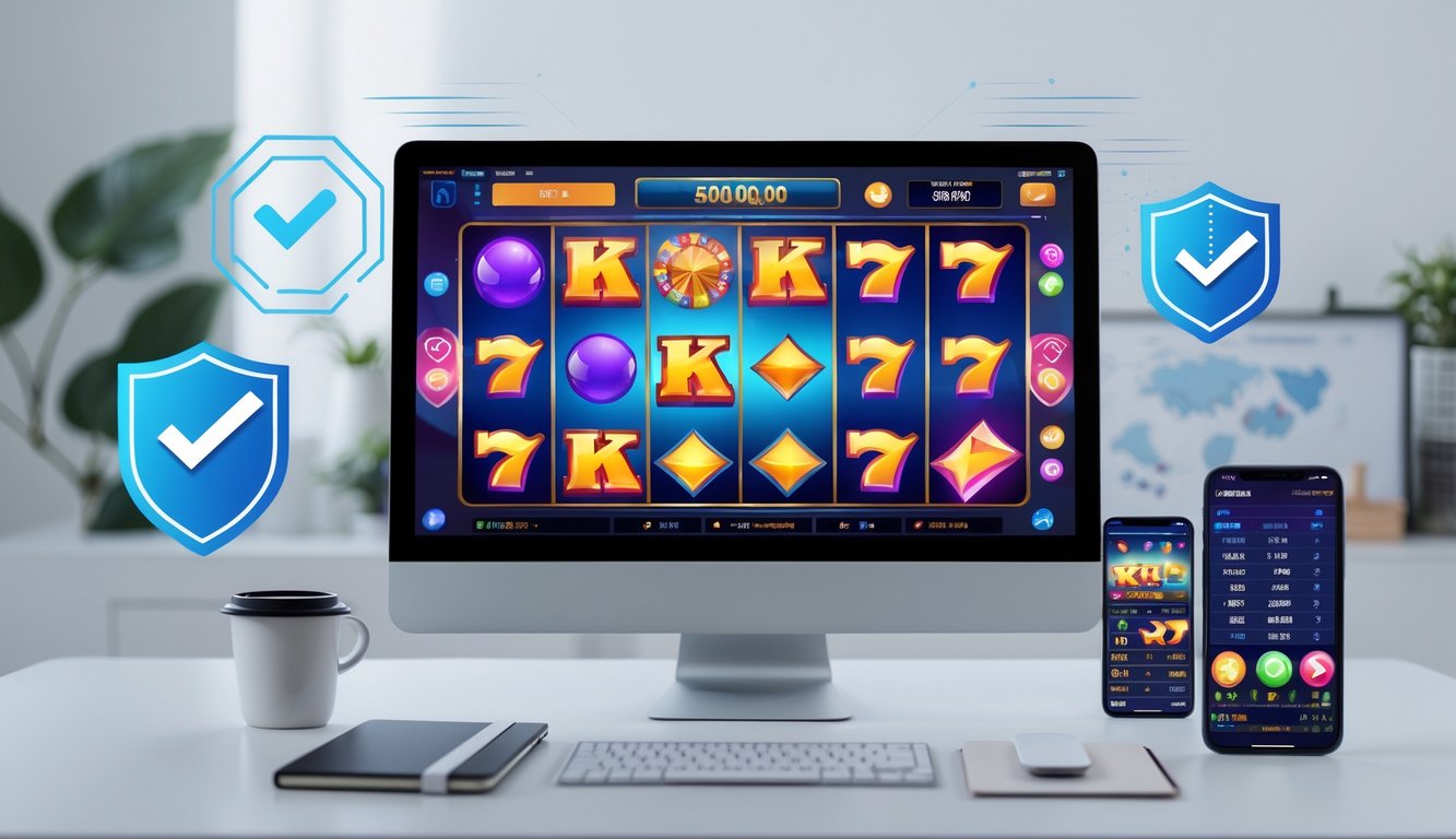 Sebuah komputer dengan layar menampilkan permainan slot berwarna cerah di meja kerja yang rapi dan terang, dengan simbol keamanan di latar belakang.