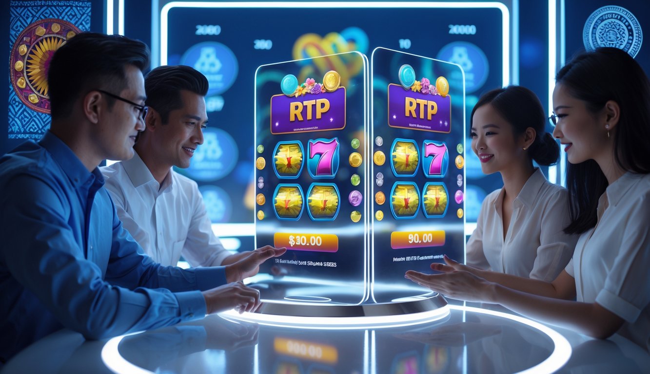 Orang-orang sedang menggunakan layar digital yang menampilkan permainan slot online dengan latar belakang elemen budaya Indonesia.