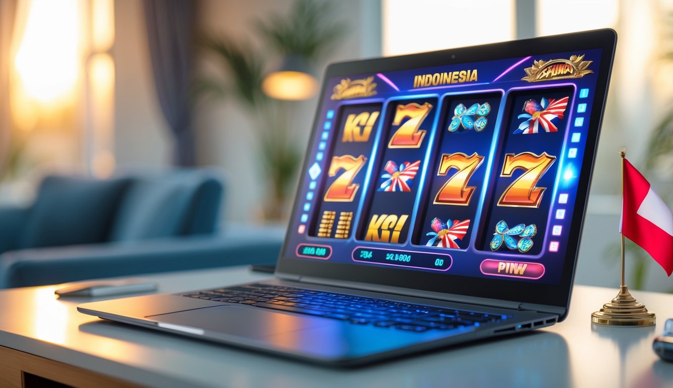 Seorang pemain menggunakan komputer dengan permainan slot online berwarna-warni di layar, di meja yang rapi dengan suasana ruangan yang terang dan nyaman.