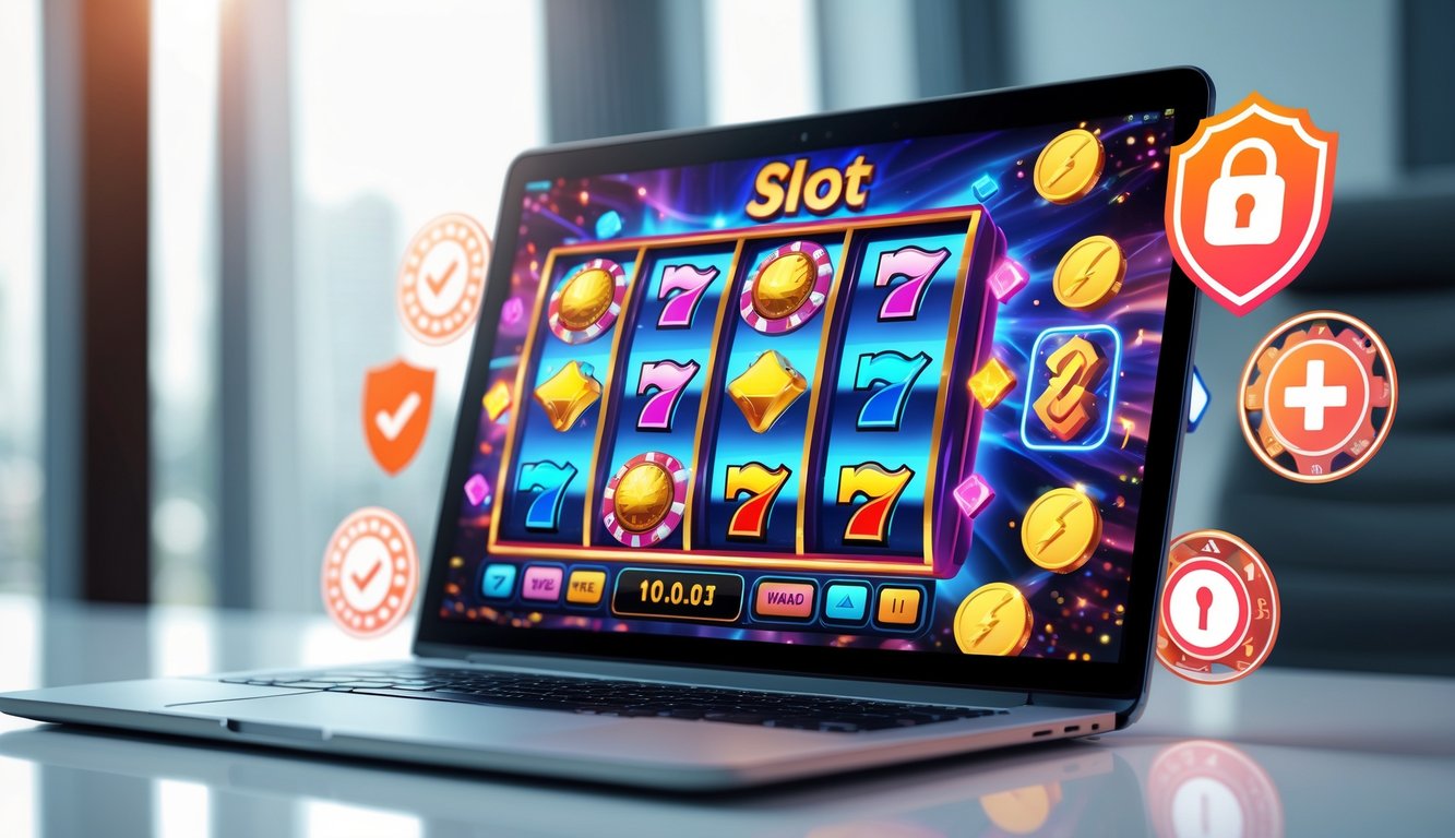 Seorang pengguna sedang bermain mesin slot online di komputer dengan simbol keamanan dan elemen budaya Indonesia di latar belakang.