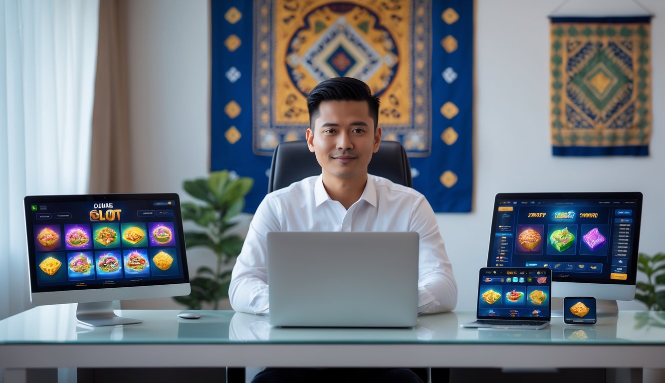 Seorang pria muda duduk di meja kerja dengan laptop dan ponsel yang menampilkan permainan slot online, dengan hiasan batik di latar belakang.