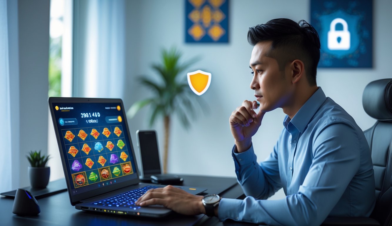 Orang dewasa Indonesia duduk di meja dengan laptop yang menampilkan permainan slot online, terlihat fokus dan percaya diri di ruangan modern.