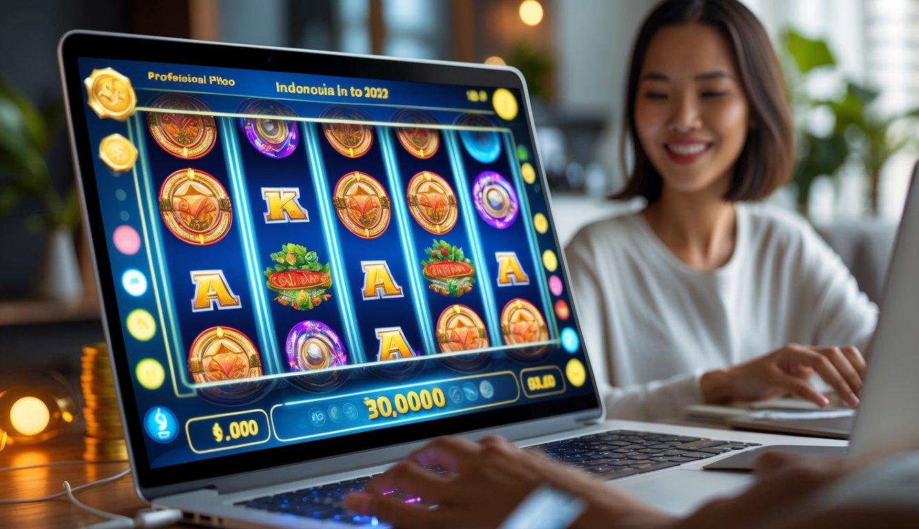 Seseorang sedang bermain slot online di laptop di dalam ruangan yang nyaman dengan tampilan layar slot yang berwarna-warni dan suasana yang ceria.